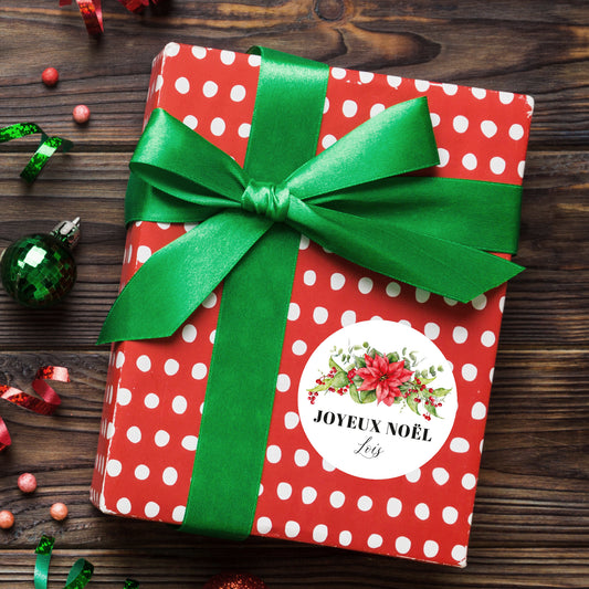 12 autocollants Joyeux Noël à personnaliser Fleurs de Noël