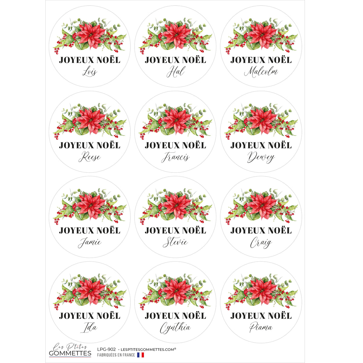 12 autocollants Joyeux Noël à personnaliser Fleurs de Noël