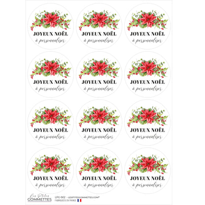12 autocollants Joyeux Noël à personnaliser Fleurs de Noël