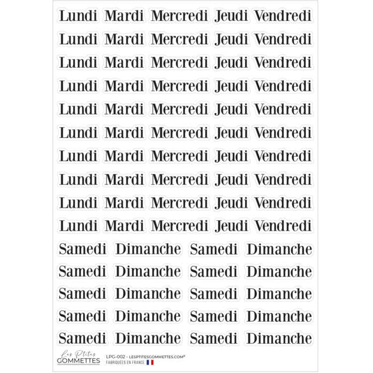 Autocollants Jours de la semaine typographie Classique | Les P'tites Gommettes | Fabrication française