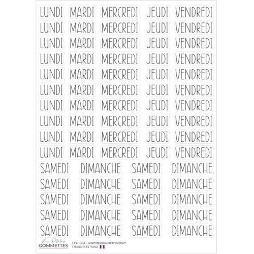 Autocollants Jours de la semaine typographie Graphique | Les P'tites Gommettes | Fabrication française
