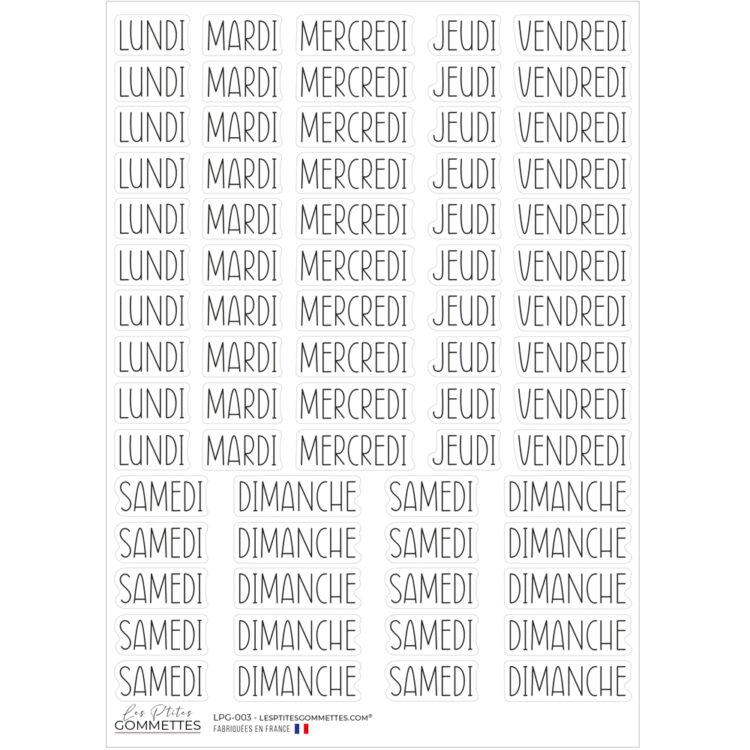 Autocollants Jours de la semaine typographie Graphique | Les P'tites Gommettes | Fabrication française