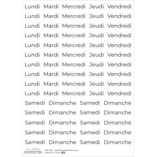Autocollants Jours de la semaine typographie Moderne | Les P'tites Gommettes | Fabrication française