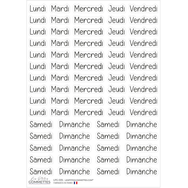 Autocollants Jours de la semaine typographie Original | Les P'tites Gommettes | Fabrication française